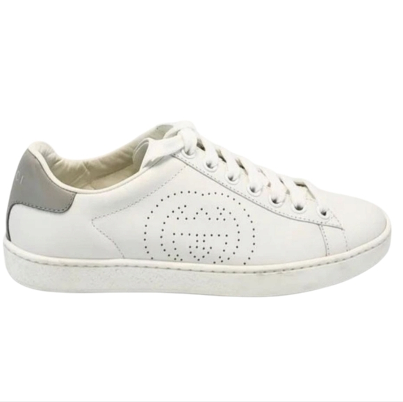 Gucci Shoes - Gucci Ace Sneakers Lace-up  Rubber Sole White Leather Hell Gray GG Logo Sz 38